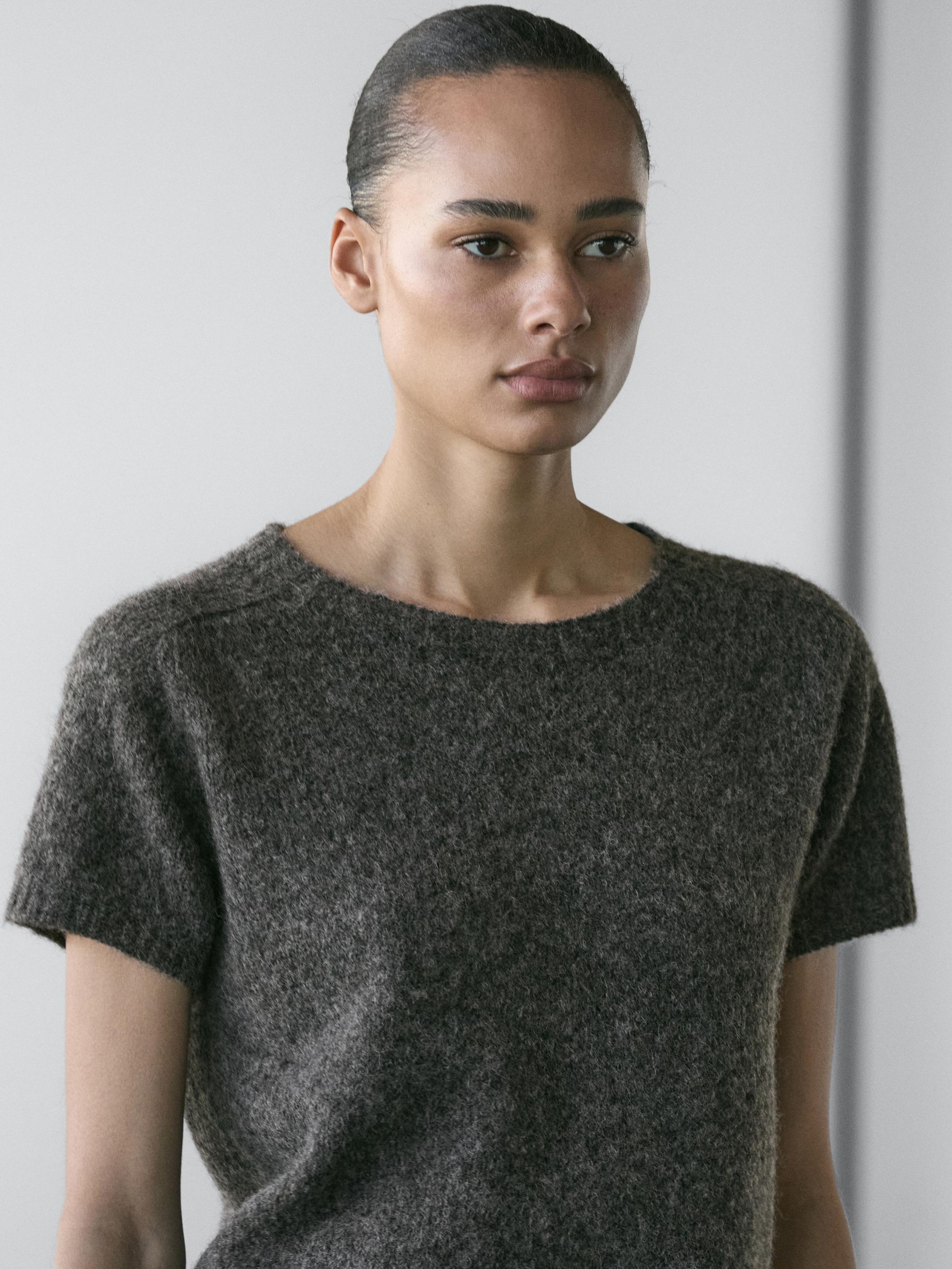 Short knit alpaca wool blend sweater